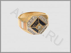 Перстень - Печатка из белого, красного и желтого золота 585 пробы с фианитами и эмалью
