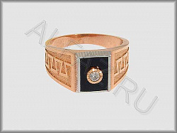 Перстень - Печатка из белого и красного золота 585 пробы с алмазной гранью, фианитами и ониксом