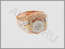 Перстень - Печатка из белого, красного и желтого золота 585 пробы с фианитами