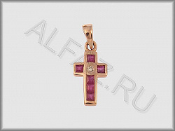 Подвеска Крестик из красного золота 585 пробы с бриллиантами и рубинами