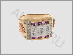 Перстень - Печатка из белого, красного и желтого золота 585 пробы с фианитами и цветными фианитами