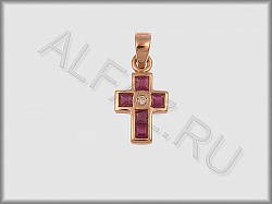 Подвеска Крестик из красного золота 585 пробы с бриллиантами и рубинами
