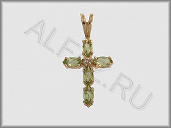 Крестик из желтого золота 585 пробы с бриллиантами, хризолитами и изумрудами