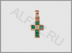 Крестик  из красного золота 585 пробы с бриллиантами и изумрудами